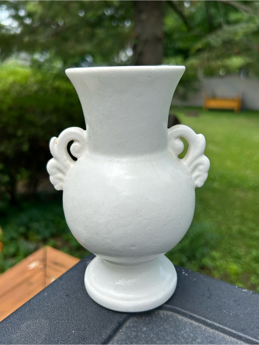 Vintage Vase White Decorative Ceramic  Sculpted Handles Cottagecore 7 Inch